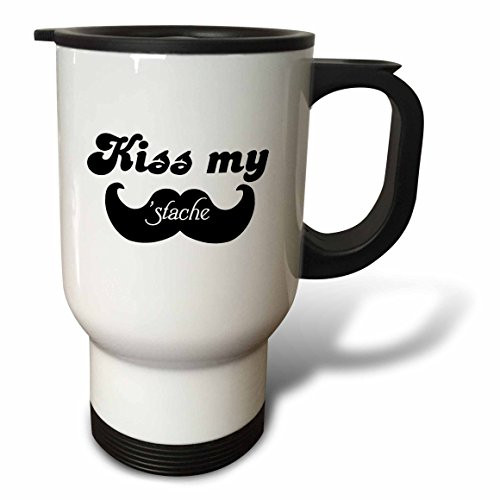 3dRose Kiss My Stache Mustache Humor, Black and White, Pun Joke, Stainless Steel Travel Mug, 14-Oz