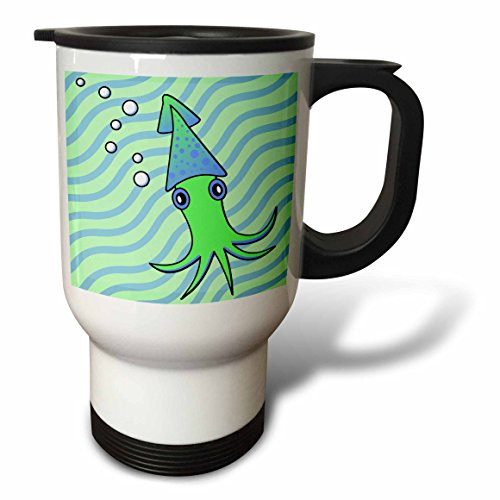 3dRose tm_13794_1 Cute Green and Blue Squid Travel Mug, 14-Ounce, Stainless Steel