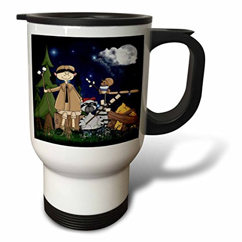 3dRose Girls Scout Camper Cartoon with Squirrel and Marshmallows, Stainless Steel Travel Mug, 14-Oz