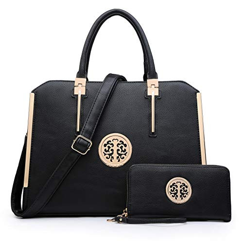 DASEIN Women Large Satchel Handbag Shoulder Purse Top handle Work Bag Tote With Matching Wallet (Black)