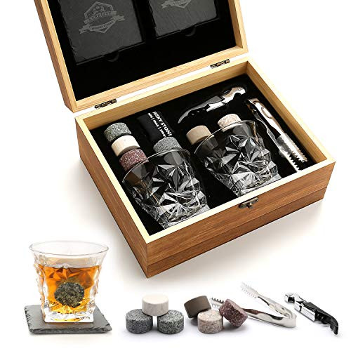 Whiskey Stones and Whiskey Glass Gift Set - Bourbon Scotch Whiskey Glass Set of 2 - Granite Chilling Rocks in Premium Wooden Box - Best Drinking Gifts for Men Dad Husband Birthday Holiday etc (Large)