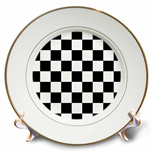 3dRose cp_154527_1 Check Black and White Pattern Checkered Checked Squares Chess Checkerboard or Racing Car Race Flag Porcelain Plate, 8"