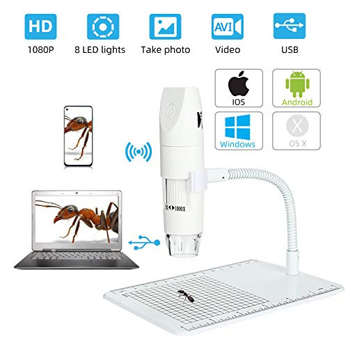 Koolertron Wireless WiFi Digital USB Microscope,Portable Handheld Endoscope Camera Magnifier with 50X-1000x Zoom Magnification 1080P 2MP 8 LED Light for iPhone, iPad, Android Phone, Windows, Mac