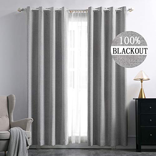 MIULEE Linen Texture Curtains for Bedroom Solid 100% Blackout Thermal Insulated Grey Curtains Grommet Room Darkening Curtains/Draperies Luxury Decor for Living Room Nursery 52x84 Inch (2 Panels)