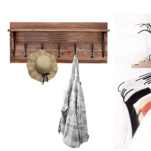 Rustic Wall Mounted Coat Rack Shelf - Brown Wooden Country Style 24" Entryway Shelf with 5 Rustic Hooks - Solid Pine Wood. Perfect Touch for Your Entryway, Mudroom, Kitchen, Bathroom