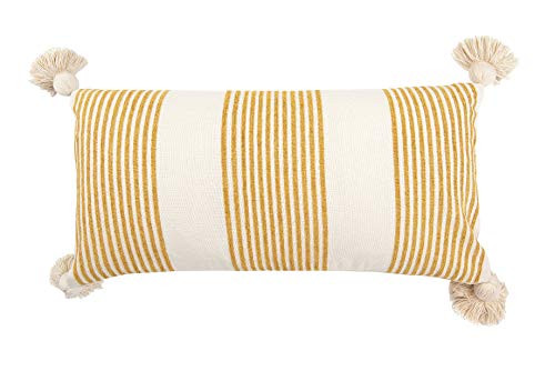 Creative Co-Op Cotton & Chenille Vertical Mustard Stripes, Tassels & Solid Cream Back Pillows, Yellow