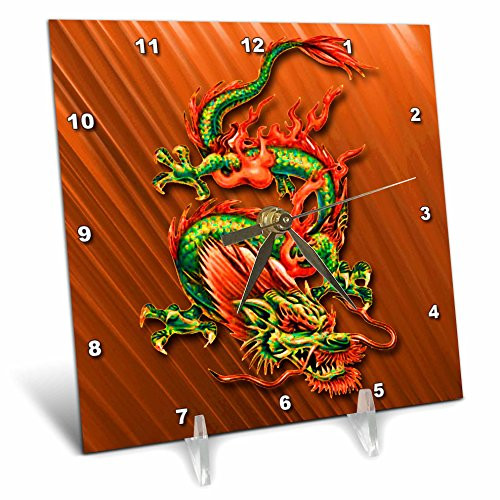 3dRose dc_108113_1 Oriental Dragon in Flaming Oranges Reds and Greens-Desk Clock, 6 by 6-Inch