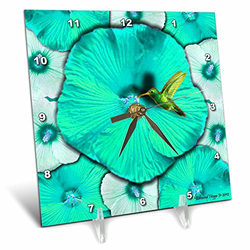 3dRose dc_40660_1 Hummingbird and Blue Hibiscus Desk Clock, 6 by 6-Inch