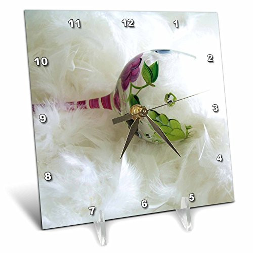 3dRose dc_43857_1 Purple Green Wine Glass on White Feathers-Desk Clock, 6 by 6-Inch