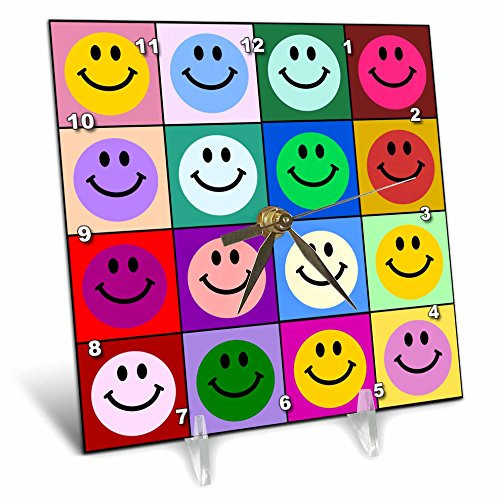 3dRose dc_113153_1 Colorful Smiley Face Squares Warhol Style-Happy Rainbow Smilies-Bright Multicolored Multicolor-Desk Clock, 6 by 6-Inch