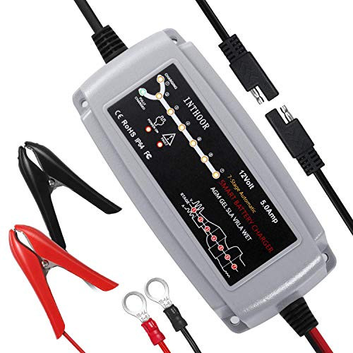 12V 5A Smart Battery Charger Portable Battery Maintainer with Detachable Alligator Rings Clips Fast Charging Waterproof Trickle Charger for Car Boat Lawn Mower Marine Sealed Lead Acid Battery (Gray)