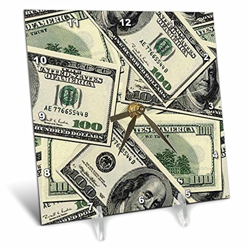 3dRose dc_63043_1 100 Dollar Bill Pattern Desk Clock, 6 by 6-Inch