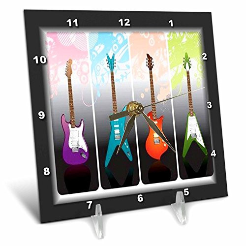 3dRose dc_40766_1 Framed 4-Heavy Metal N Rock Guitars Desk Clock, 6 by 6-Inch