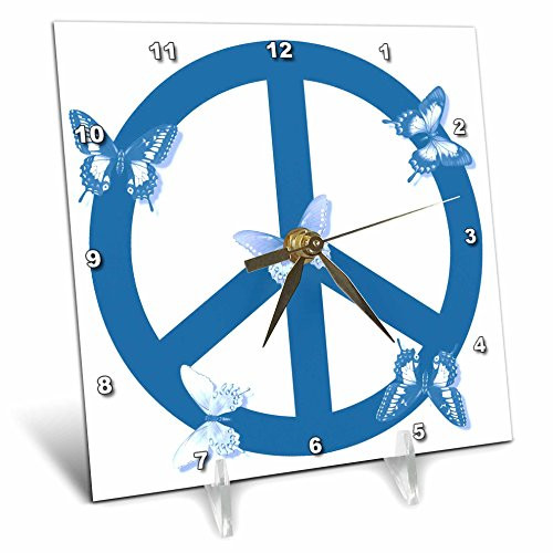 3dRose dc_40231_1 Deep Aqua Blue Butterflies Peace Sign Inspirational Art Desk Clock, 6 by 6-Inch