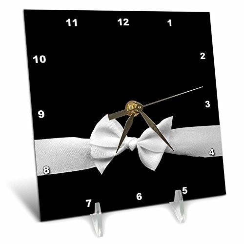 3dRose dc_56658_1 Elegant and Classy White Ribbon Bow on Sleek Stylish Black Womens Retro Fashion Style Desk Clock, 6 by 6-Inch