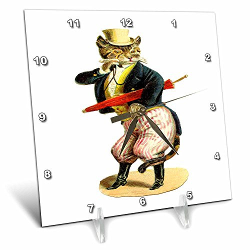 3dRose dc_80349_1 Cat in A Top Hat-Desk Clock, 6 by 6-Inch