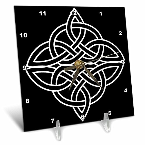 3dRose dc_44278_1 White Celtic Design on a Black Background-Desk Clock, 6 by 6-Inch