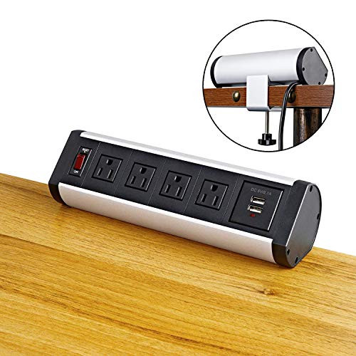 Desk Clamp Power Strip, Desk Mount USB Charging Power Station, Removable Desktop Power Center, Desk Partition Desk Edge Power Outlets Surge Protector Power Strip with 4 AC Outlet and 2 USB Charger