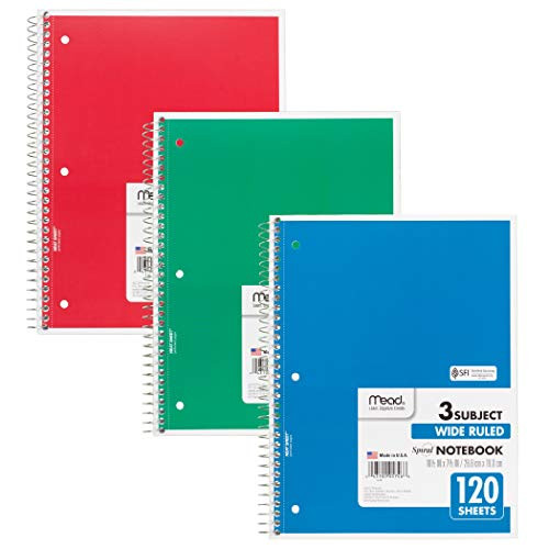 Mead MEA05746BN Spiral Bound Notebook, Wide Rule, 3 Subject, Assorted Colors, Pack of 12