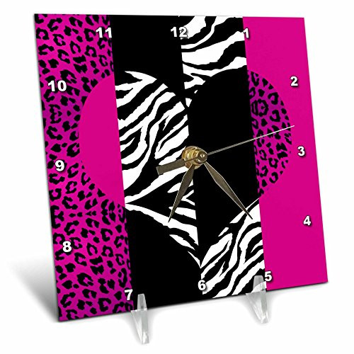 3dRose dc_35437_1 Pink Black and White Animal Print-Leopard and Zebra Heart-Desk Clock, 6 by 6-Inch