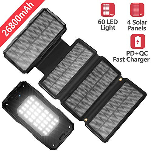Solar Charger 26800mah Power Bank 4 Solar Panels 60 LEDs PD Fast Charge External Battery Pack with 3 USB Output Compatible with Cellphone Tablet and More for Camping Hiking and Hurricane Emergency