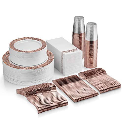 350 Piece Rose Gold Dinnerware Set - 100 Rose Gold Lace Plastic Plates - 50 Rose Gold Plastic Silverware - 50 Rose Gold Cups - 50 Linen Like Rose Gold Napkins, 50 Guest Disposable Dinnerware Set 350 Piece Rose Gold Dinnerware Set - 100 Rose Gold Lace Plastic Plates - 50 Rose Gold Plastic Silverware - 50 Rose Gold Cups - 50 Linen Like Rose Gold Napkins, 50 Guest Disposable Dinnerware Set