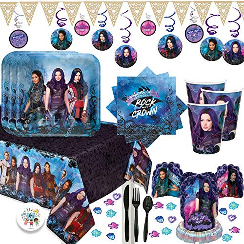 Mega Descendants 3 Birthday Party Supplies Pack For 16 With Plates, Cups, Napkins, Tablecover, Table Decorating Kit, Cutlery, Swirls, and Pin