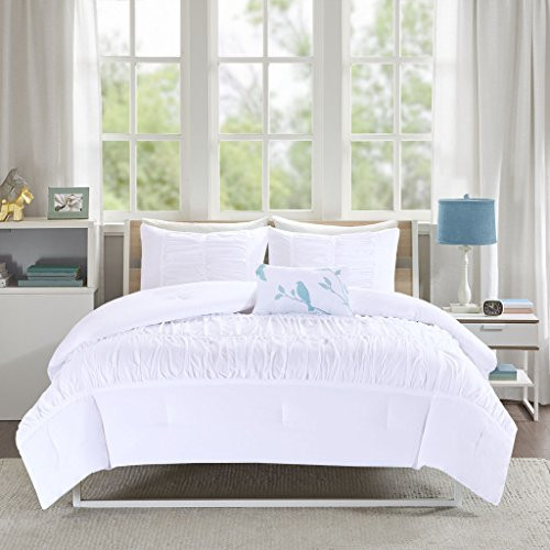Mi-Zone Mirimar Twin XL Size White, Pleated Ruched Ruffles  4 Pieces Bedding Sets  Ultra Soft Microfiber Bedroom Comforters, Twin/Twin