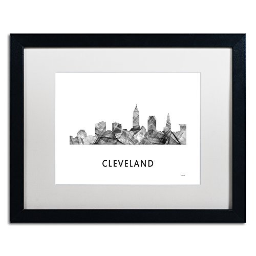 Cleveland Ohio Skyline WB-BW by Marlene Watson, White Matte, Black Frame 16x20-Inch