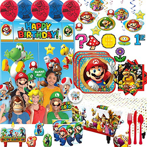 Mega Super Mario Birthday Party Supplies and Decoration Pack For 16 With Mario Plates, Napkins, Cups, Tablecover, Cutlery Balloons, Swirls, Candles, Scene Setter and Photo Props, Cutouts, and Pin