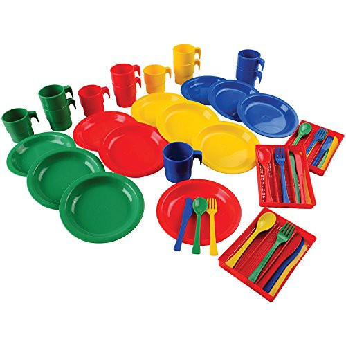 Constructive Playthings Indestructible Play Dishes Service for 12 Includes 3 Place Settings of Cups, 6 1/2" diam. Plates and Silverware Each in 4 Colors for Ages 19 Months and Up