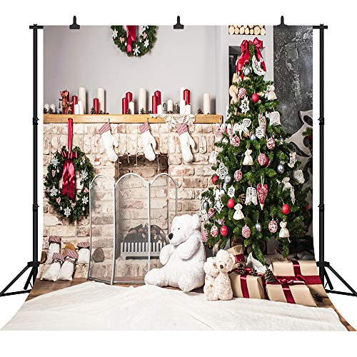 DePhoto 10x10Ft Seamless Christmas Theme Bear Fireplace for Party Vinyl Photography Backdrop Photo Background Studio Prop SDJ005FB