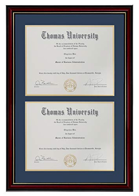 Flagship Double Diploma Frame Real Wood & Glass Golden Rim for Two 8.5x11 Inch with Mat and 13.5x20 Inch Without Mat for Documents Certificates (Double Mat, Navy Blue Mat with Golden Rim)