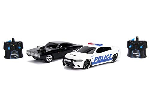 Fast & Furious Chase Twin Pack- Dom's Dodge Charger R/T & Dodge Charger SRT Hellcat, Police & Chase Car Rc, USB Charged