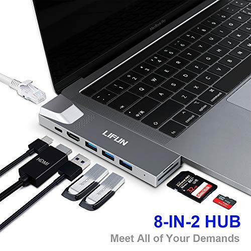 USB C Hub Adapter for MacBook Air 2018-2019, MacBook Pro 2016-2019 with 4K HDMI, 100W Power Delivery, 40Gbps Thunderbolt 3, 3 x USB 3.0, SD/TF Card Readers and 1000M Gigabit LAN Port