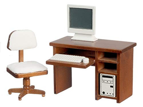 Melody Jane Dollhouse Walnut Computer Desk & Chair Miniature Study Office Furniture Set