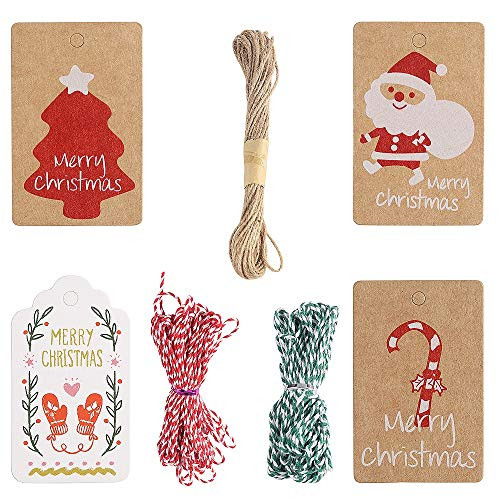Christmas Tags,Xmas Gift Wrap Tags,100 Pcs Kraft Paper Tags with Red String Green String Natural Jute String