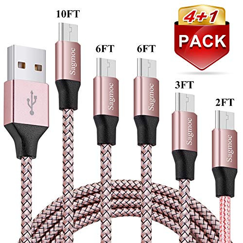 Micro USB Charger Cable Rose Gold - Sagmoc Premium Shiny Android Charging Cord Nylon Braided?4+1 Pack? 10FT 2x6FT 3FT 2FT for Samsung, Nexus, LG, HTC, Nokia, Sony, Moto, HP, BlackBerry