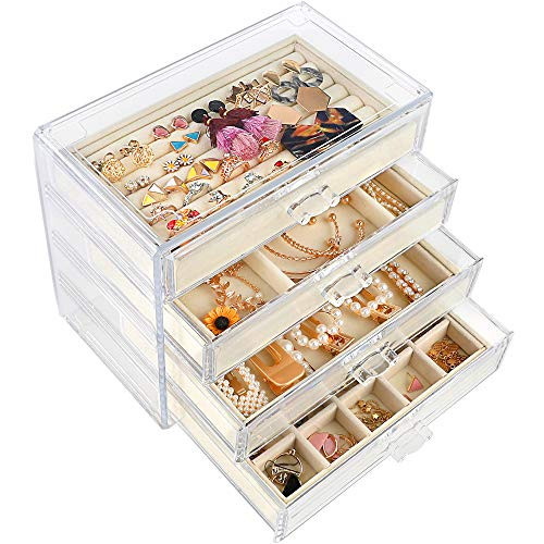 Mebby Acrylic Jewelry Box with 4 Drawers, Velvet Jewelry Organizer for Earring Necklace Ring & Bracelet, Clear Jewelry Display Storage Case for Woman, Beige Mebby Acrylic Jewelry Box with 4 Drawers, Velvet Jewelry Organizer for Earring Necklace Ring & Bracelet, Clear Jewelry Display Storage Case for Woman, Beige