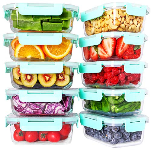 Bayco 10 Pack Glass Meal Prep Containers, 24oz Glass Food Storage Containers with Lids, Airtight Glass Lunch Bento Boxes, BPA-Free & FDA Approved & Leak Proof (10 lids & 10 Containers)