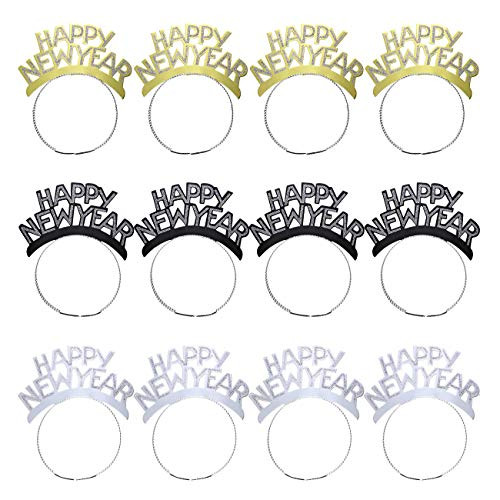 12Pcs HAPPY NEW YEAR Tiara Headband, Glitter Hair Clasp Tiaras for 2020 New Year Eve Party Favors Silver Gold Black