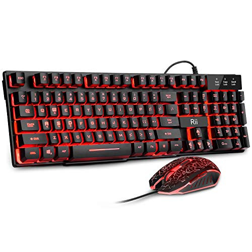 Rii Gaming Keyboard and Mouse Set, 3-LED Backlit Mechanical Feel Keyboard Colorful Breathing Backlit Gaming Mouse for Working or Gaming (RK108)