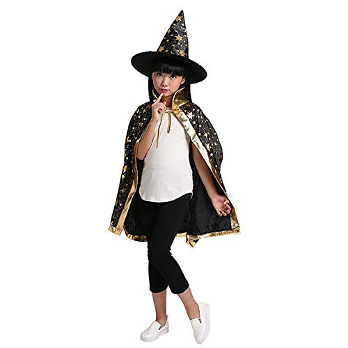 Greenery-GRE Halloween Costumes Witch Wizard Cloak with Hat Wizard Cape and Hat for Kids Boys Girls 2-8 Y Black