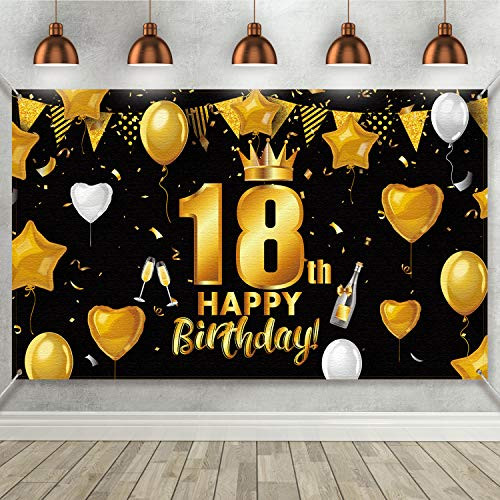 18th Birthday Black Gold Party Decoration, Large Fabric Black Gold Sign Poster for 18th Birthday Anniversary Party Supplies, 18th Birthday Party Photo Booth Backdrop Background Banner 72.8 x 43.3 Inch