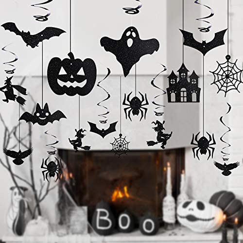 Jovitec 30 Pieces Halloween Party Supplies Witches Bats Spiders Swirl Ceiling Foil Hanging Decoration Glitter Creepy Creatures for Haunted House Decoration