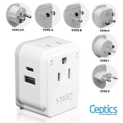 World Travel Plug Adapter Set by Ceptics, Safe Dual USB & USB-C 3.1A - 2 USA Socket - Compact & Powerful - Use in Europe, Asia, Australia, Japan - Includes Type A, B, C, E/F, G, I Swadapt Attachments
