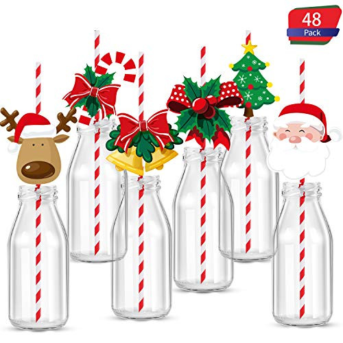 48 Pieces Christmas Drinking Straw Decorations Set, Christmas Straw Striped Decorative, Xmas Party Decor Supplies Navidad Decoration for Cups, Party Favors and Cupcake Toppers