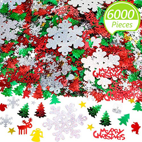 6000 Pieces Christmas Table Confetti Pentagram, Snowflake, Santa, Pine, Sequin, Merry Christmas Alphabet Confetti for Christmas Party Decoration