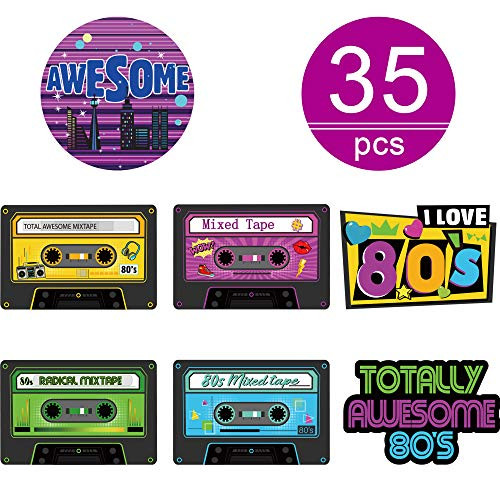 80's Party Decorations 35 Pieces Cassette Tape Cutouts DIY Shaped 1980s Retro Party Supplies with 80 Glue Point Dots