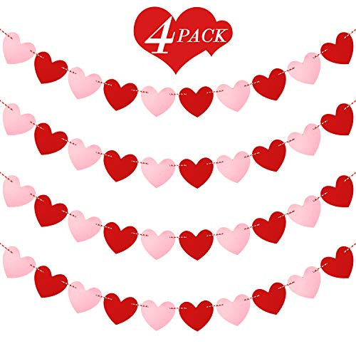 WILLBOND 40 Pieces Red Pink Heart Garland 4 Strings Valentine's Day Bunting Banners String for Wedding Anniversary Party Bridal Shower Engagement Home Decorations